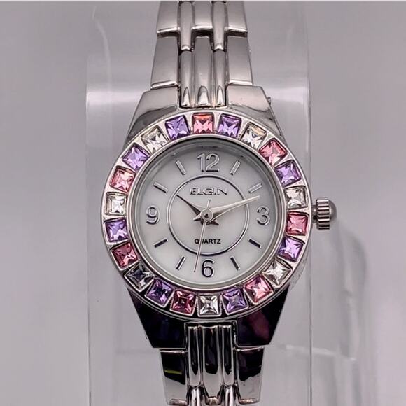 Elgin Women's EG9917ST Quartz Watch, Silver with Multi-Colored Gemstone Bezel - Picture 1 of 9